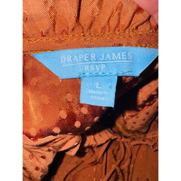 Draper James RSVP Orange Polka Dot Blouse Tie Neck Smocked Sleeves L Office SIre - Picture 8 of 13